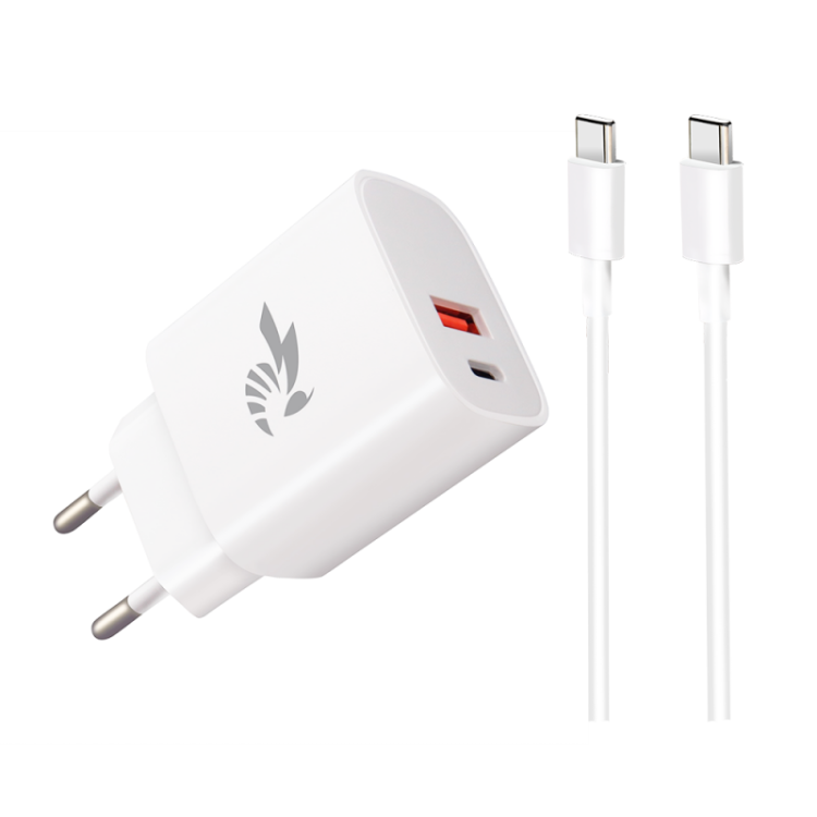 BeePower Travel charger - BC-4 20W PD USB-C + USB3.0 + cable USB-C to USB-C set white